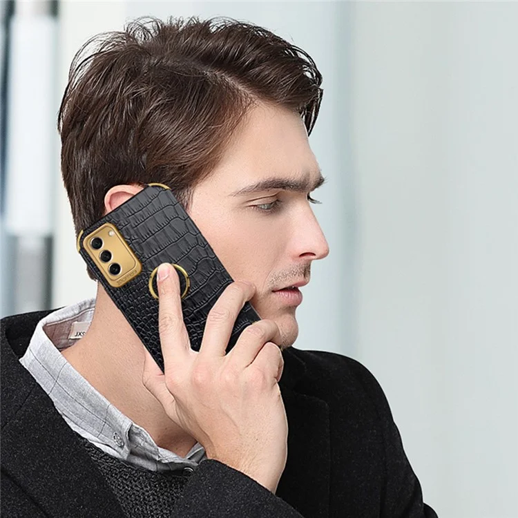 Para Samsung Galaxy S23 Ring Kickstand Phone Case Precise Cutout Crocodile Texture Leather Coated TPU Electroplated Cover - Negro