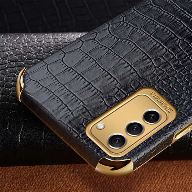 Para Samsung Galaxy S23 Ring Kickstand Phone Case Precise Cutout Crocodile Texture Leather Coated TPU Electroplated Cover - Negro
