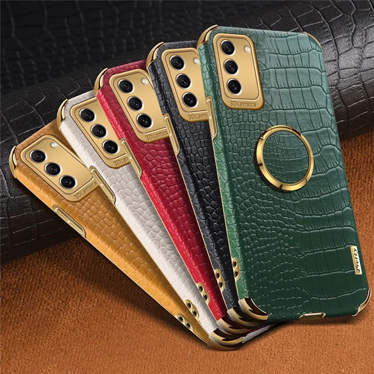 Para Samsung Galaxy S23 Ring Kickstand Phone Case Precise Cutout Crocodile Texture Leather Coated TPU Electroplated Cover - Negro