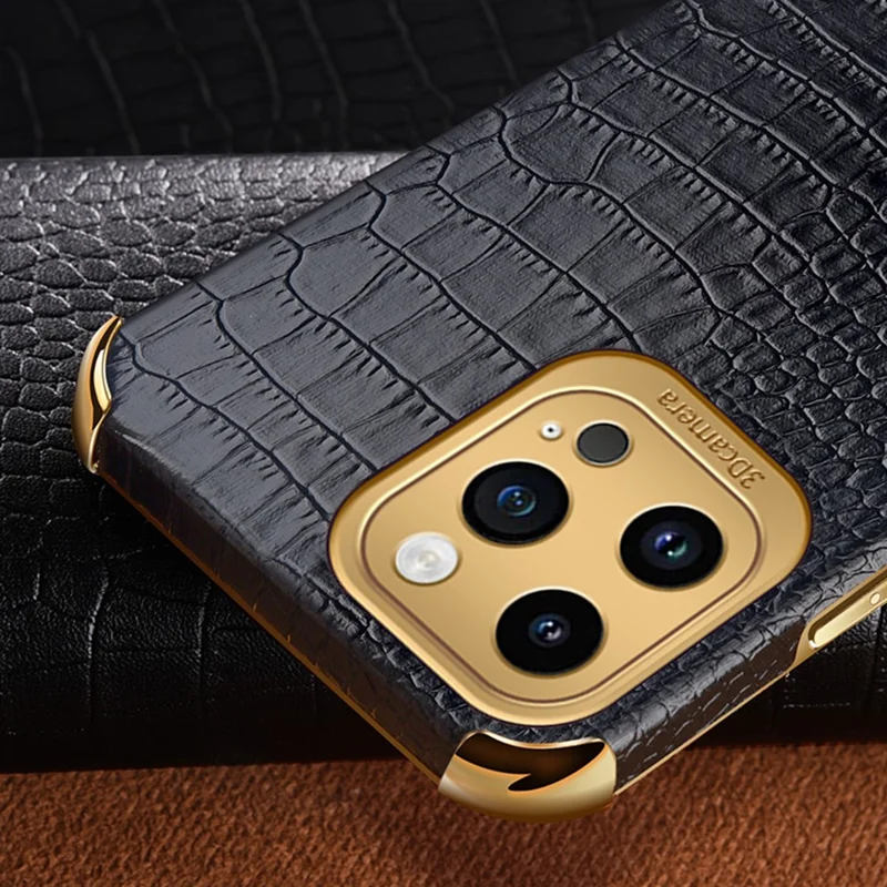 Pour iPhone 13 Pro Max 6.7 pouces Crocodile Texture Leather Coated TPU Phone Case Ring Kickstand 6D Electroplated Shockproof Cover - Noir