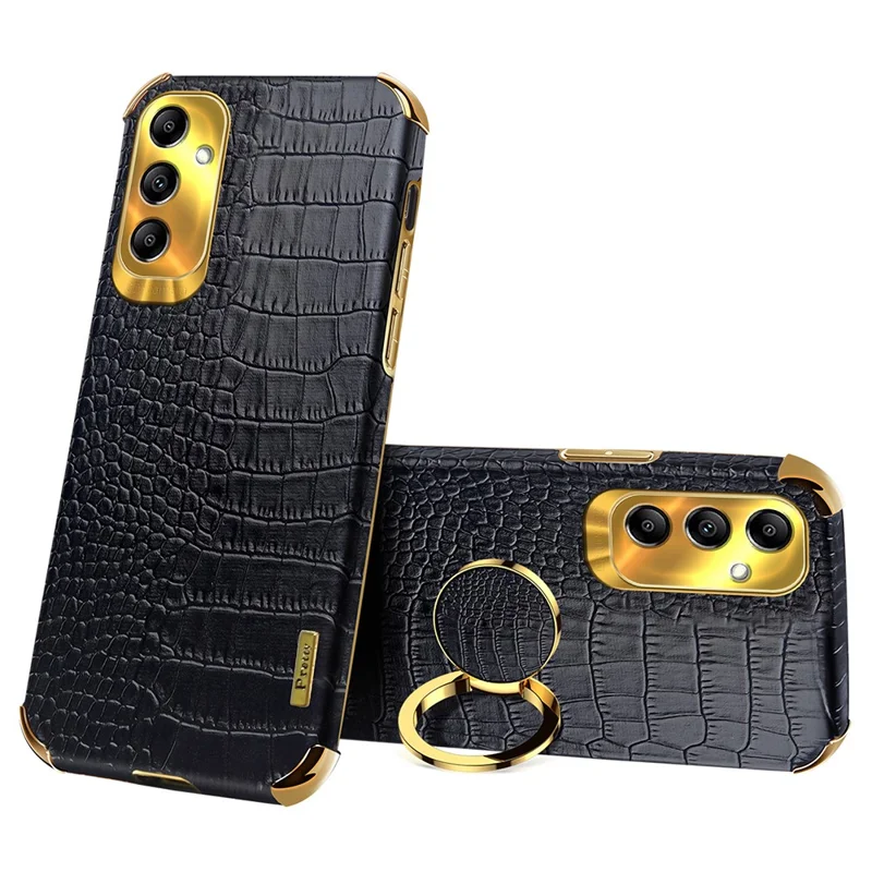 Kickstand Phone Case for Samsung Galaxy A14 4G / 5G , 6D Electroplating PU Leather Coated TPU Crocodile Texture Back Cover - Black