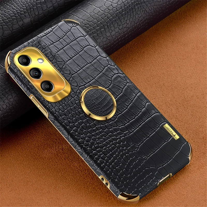 Kickstand Phone Case for Samsung Galaxy A14 4G / 5G , 6D Electroplating PU Leather Coated TPU Crocodile Texture Back Cover - Black