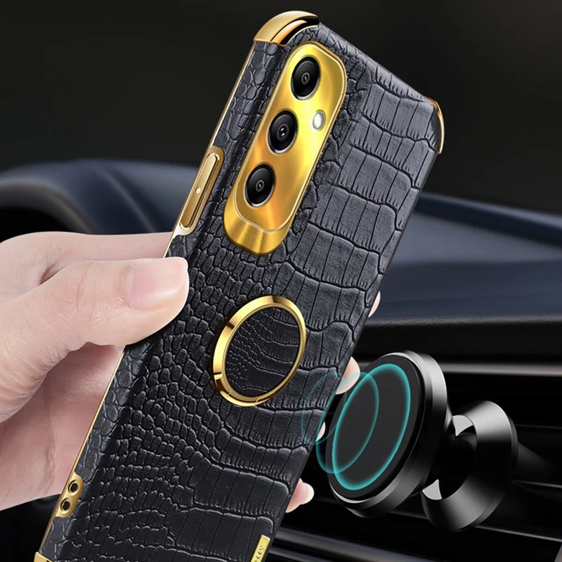 Kickstand Phone Case for Samsung Galaxy A14 4G / 5G , 6D Electroplating PU Leather Coated TPU Crocodile Texture Back Cover - Black