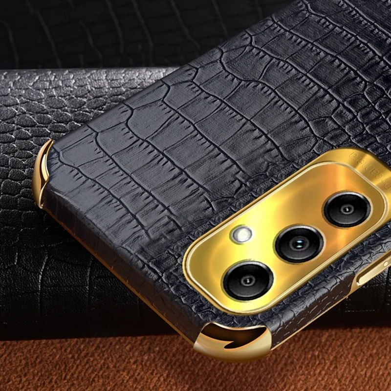 Kickstand Phone Case for Samsung Galaxy A14 4G / 5G , 6D Electroplating PU Leather Coated TPU Crocodile Texture Back Cover - Black