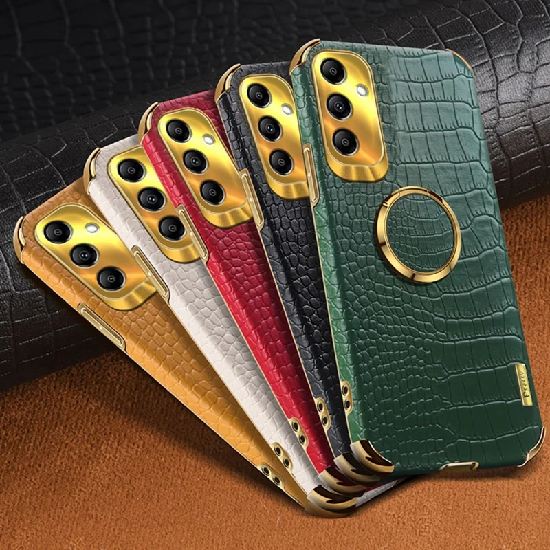 Kickstand Phone Case for Samsung Galaxy A14 4G / 5G , 6D Electroplating PU Leather Coated TPU Crocodile Texture Back Cover - Black