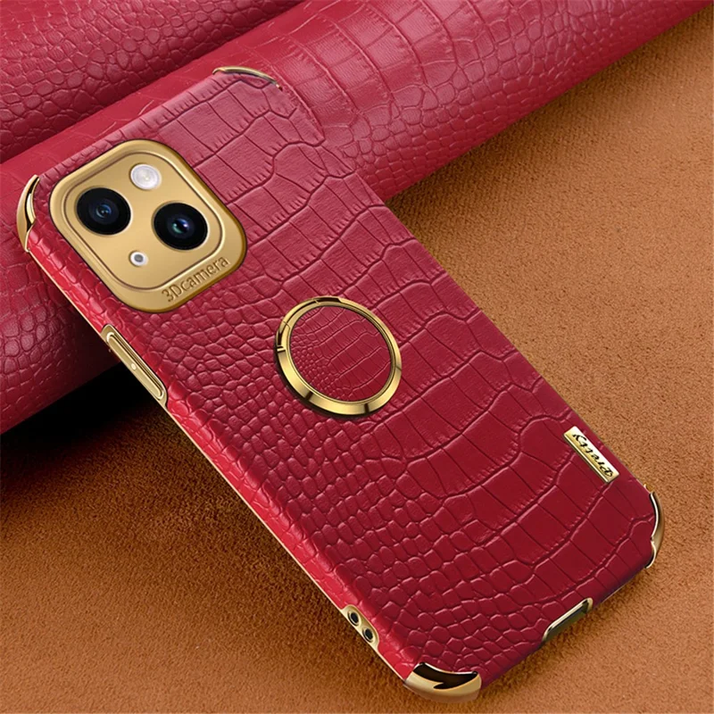 For iPhone 14 Plus Kickstand 6D Electroplating Cover PU Leather Coated TPU Crocodile Texture Phone Case - Red