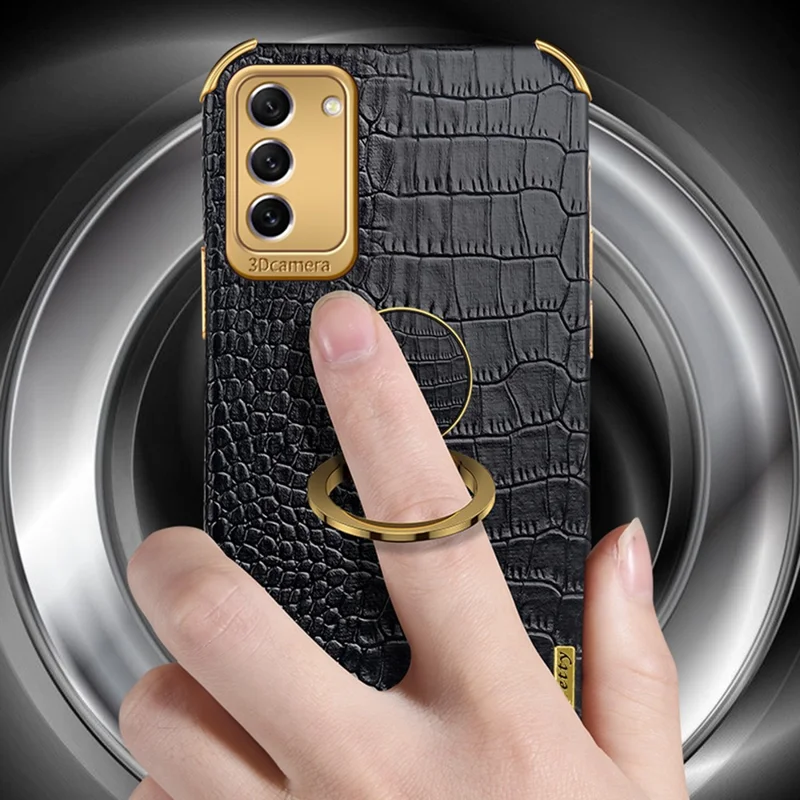 For Samsung Galaxy S23+ PU Leather Coated TPU Case 6D Electroplating Ring Kickstand Phone Cover - Black