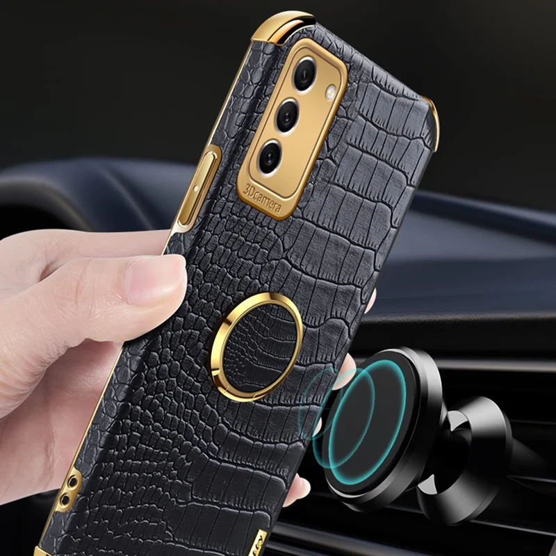 For Samsung Galaxy S23+ PU Leather Coated TPU Case 6D Electroplating Ring Kickstand Phone Cover - Black