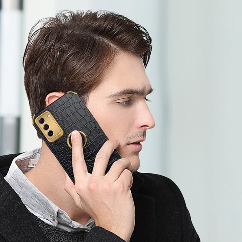 For Samsung Galaxy S23+ PU Leather Coated TPU Case 6D Electroplating Ring Kickstand Phone Cover - Black