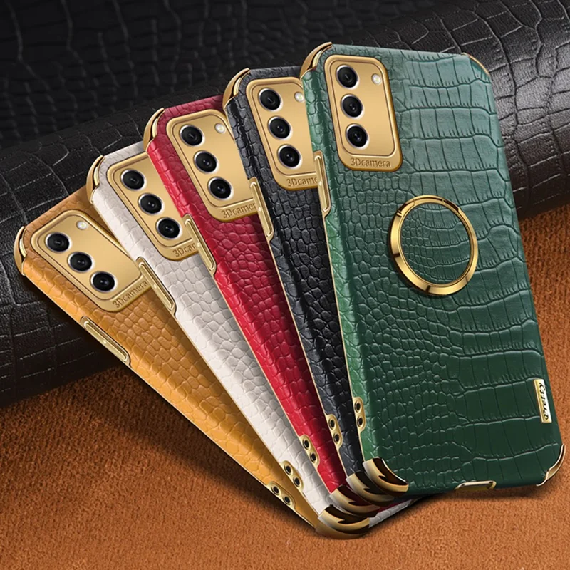 For Samsung Galaxy S23+ PU Leather Coated TPU Case 6D Electroplating Ring Kickstand Phone Cover - Black