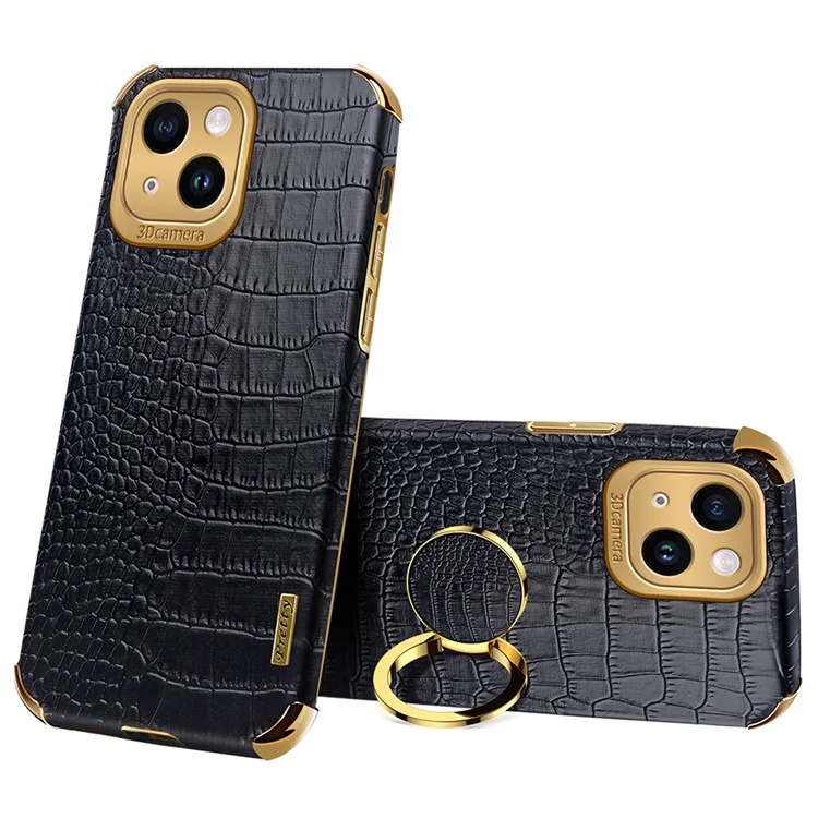 Per iPhone 13 PU Leather Coated TPU Crocodile Texture Phone Case 6D Electroplated Kickstand Protective Cover - Black