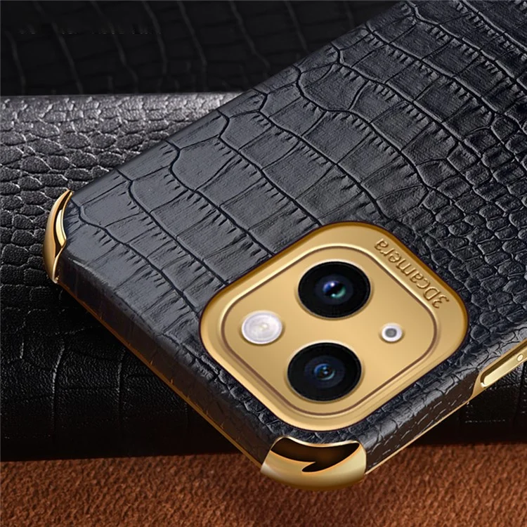 Per iPhone 13 PU Leather Coated TPU Crocodile Texture Phone Case 6D Electroplated Kickstand Protective Cover - Black