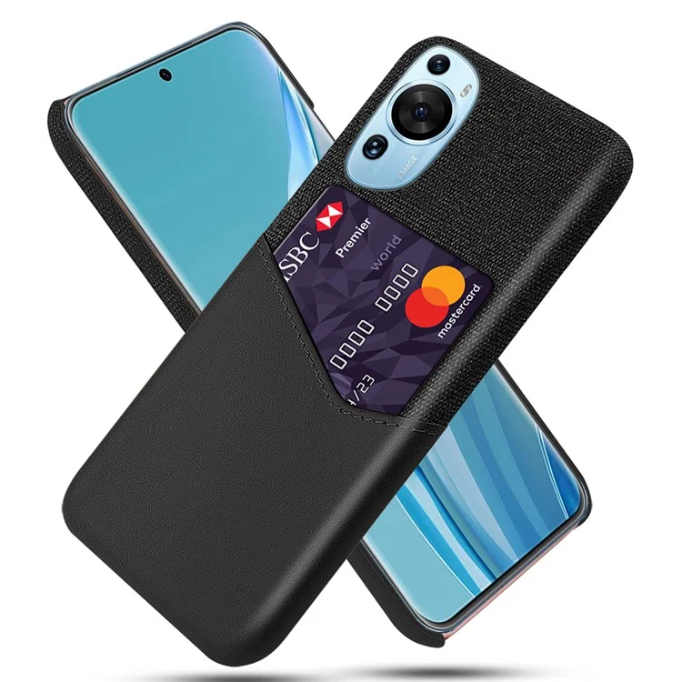 Para Huawei P60 Funda de teléfono de cuero con acabado de tela y ranura para tarjeta - Negro