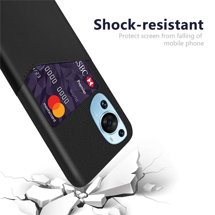 Para Huawei P60 Funda de teléfono de cuero con acabado de tela y ranura para tarjeta - Negro