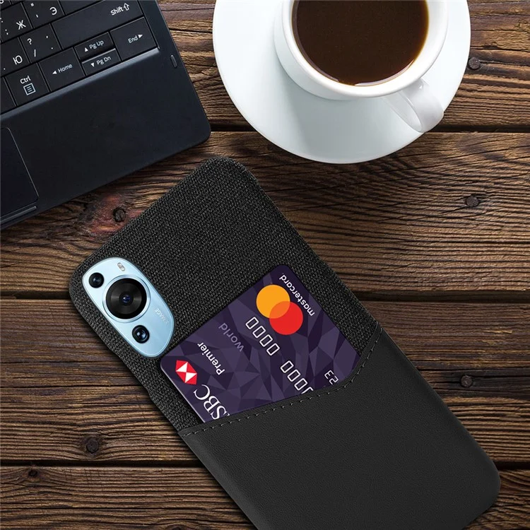 Para Huawei P60 Funda de teléfono de cuero con acabado de tela y ranura para tarjeta - Negro
