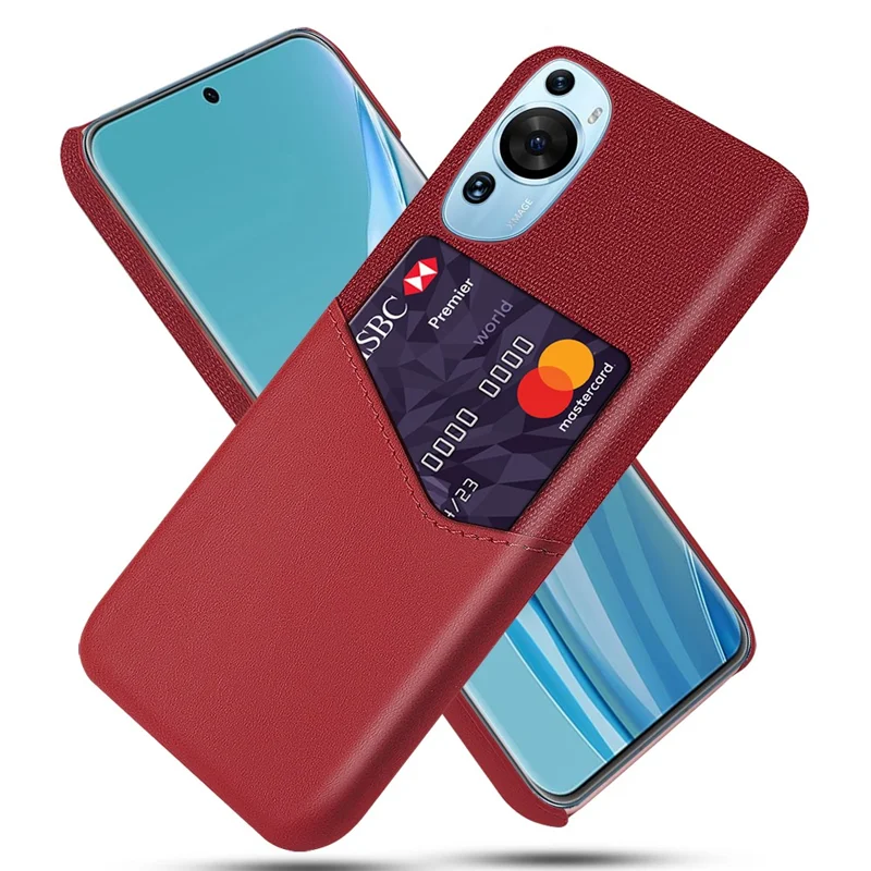 For Huawei P60 Art Cloth Texture Card Holder Phone Case Leather Coated Hard PC Cover - Red