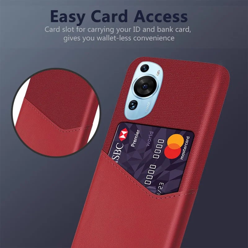 For Huawei P60 Art Cloth Texture Card Holder Phone Case Leather Coated Hard PC Cover - Red