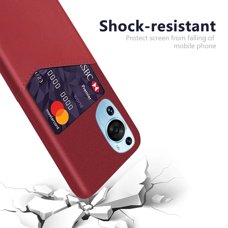 For Huawei P60 Art Cloth Texture Card Holder Phone Case Leather Coated Hard PC Cover - Red