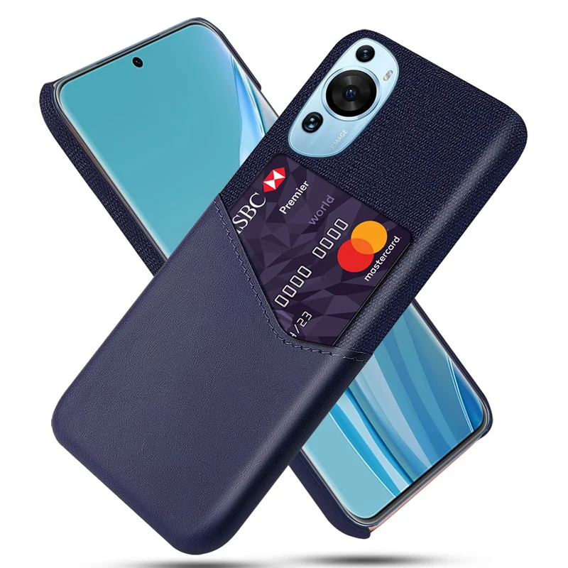 Para Huawei P60 Art Cloth Texture Card Holder Phone Case Leather Coated Hard PC Cover - Azul