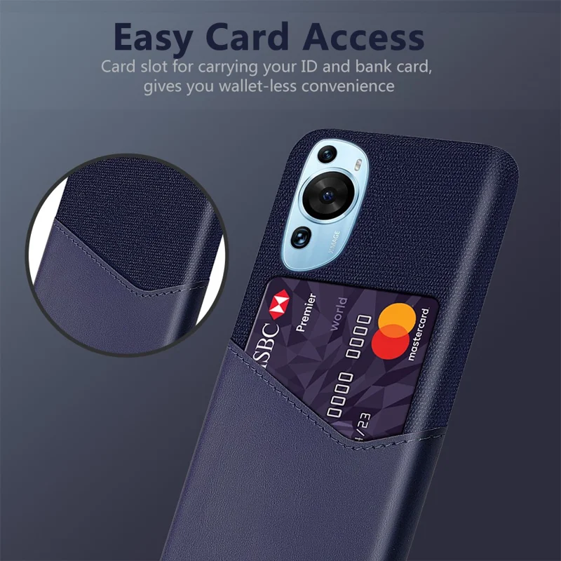 Para Huawei P60 Art Cloth Texture Card Holder Phone Case Leather Coated Hard PC Cover - Azul
