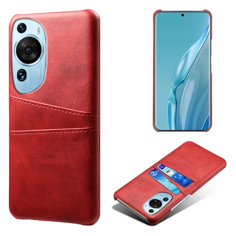 Für Huawei P60 Art Phone Case 2 Kartenfächer Tasche PU-Leder + Hartplastik-Hülle - Rot