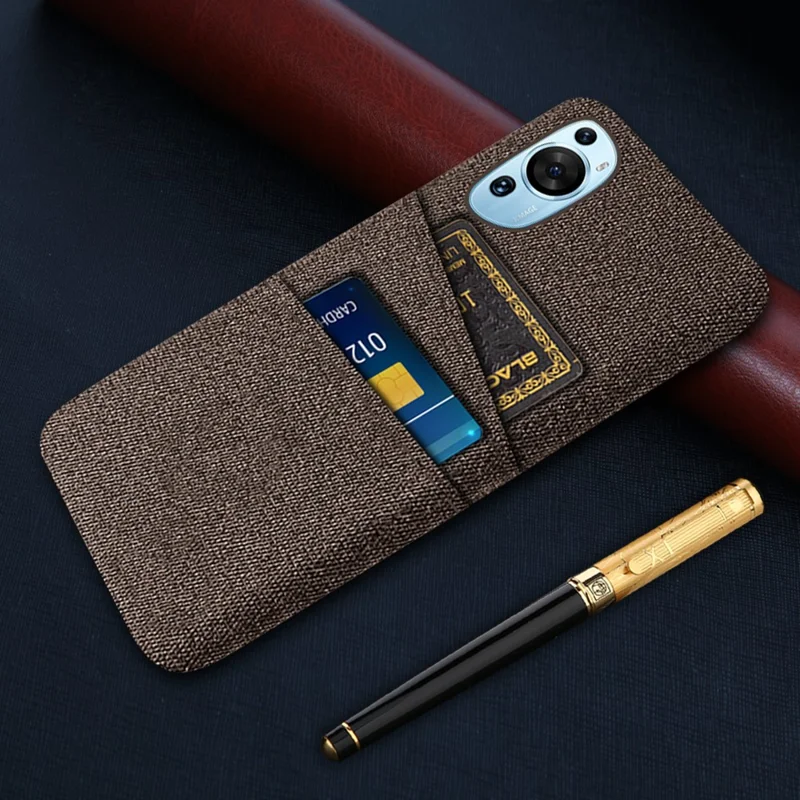 For Huawei P60 Art Dual Card Slots Phone Case Hard PC + Cloth Phone Back Cover - Brown