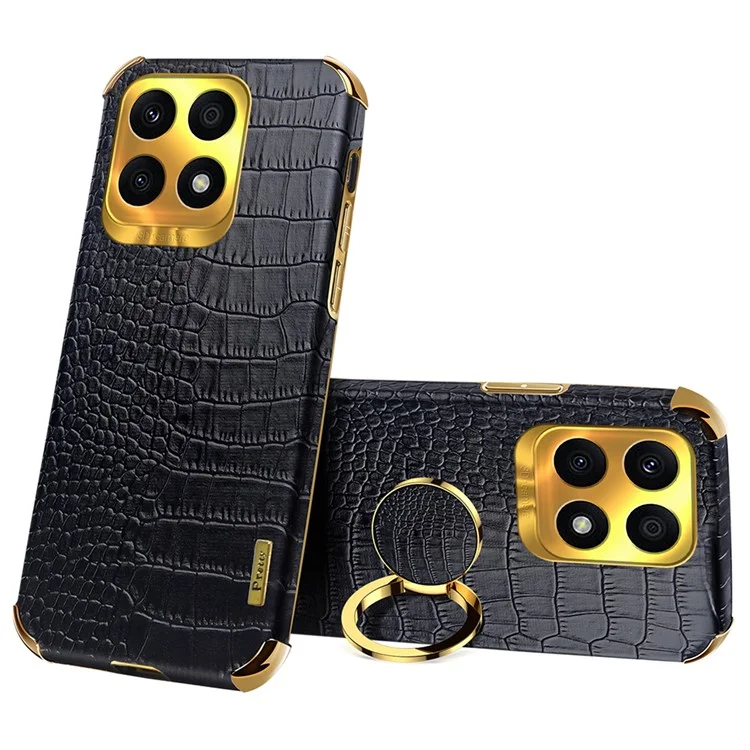 Ring Kickstand Case per Honor X8a 4G Copertina in Pelle con Texture di Coccodrillo Rivestita in TPU Placcatura Elettrolitica 6D - Nero