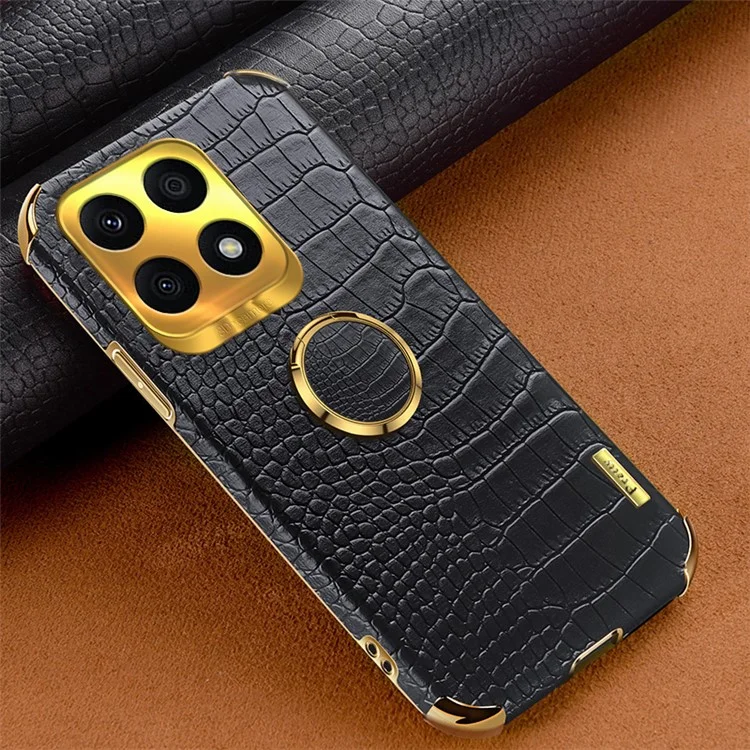 Ring Kickstand Case per Honor X8a 4G Copertina in Pelle con Texture di Coccodrillo Rivestita in TPU Placcatura Elettrolitica 6D - Nero