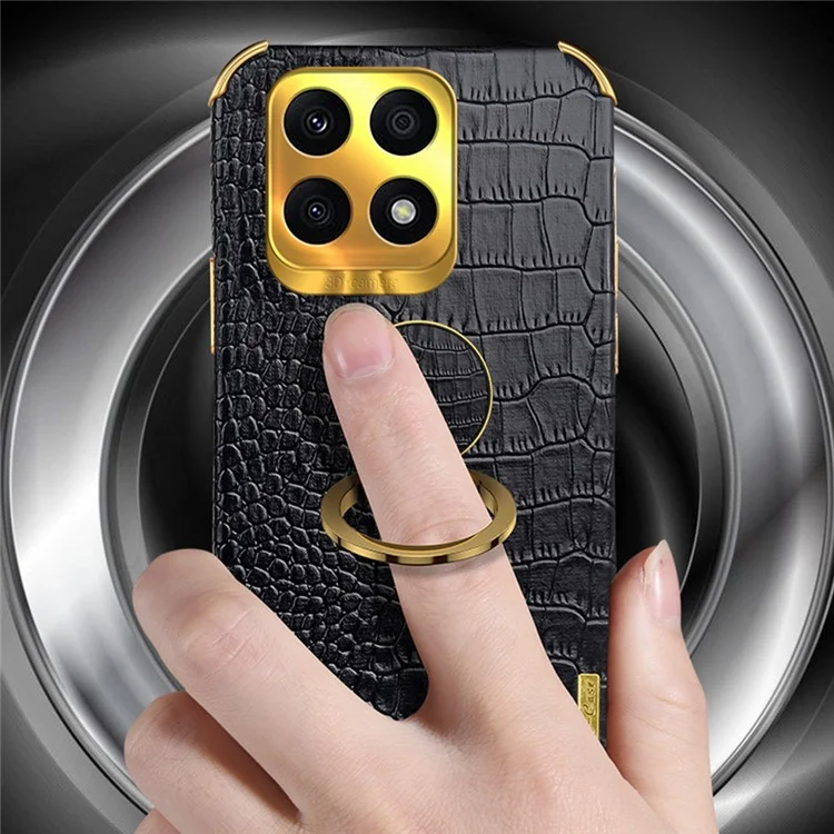 Ring Kickstand Case per Honor X8a 4G Copertina in Pelle con Texture di Coccodrillo Rivestita in TPU Placcatura Elettrolitica 6D - Nero