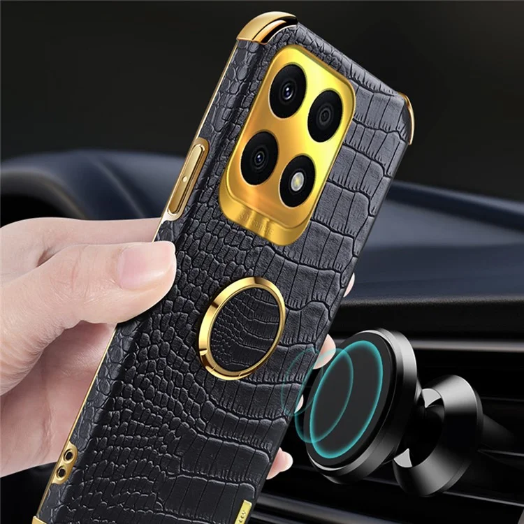 Ring Kickstand Case per Honor X8a 4G Copertina in Pelle con Texture di Coccodrillo Rivestita in TPU Placcatura Elettrolitica 6D - Nero
