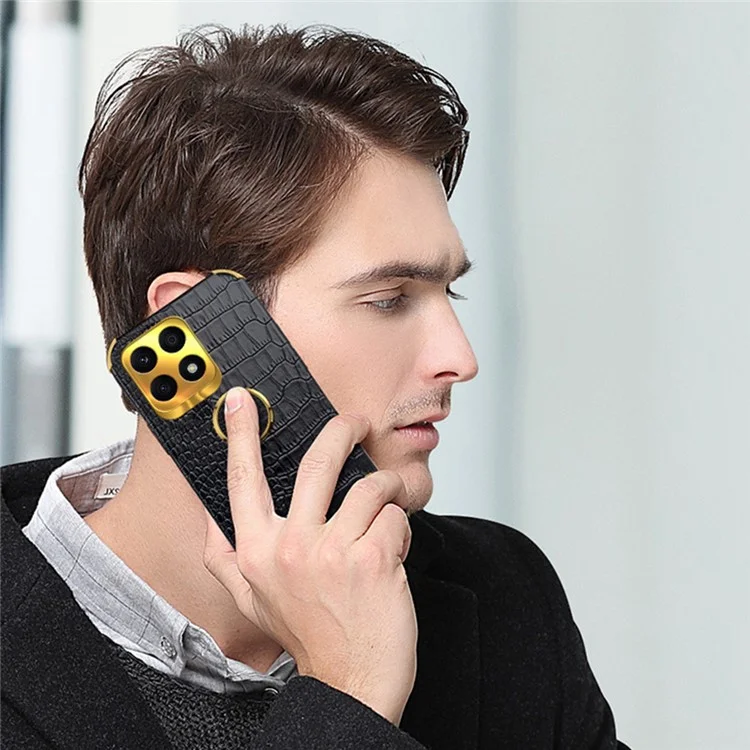 Ring Kickstand Case per Honor X8a 4G Copertina in Pelle con Texture di Coccodrillo Rivestita in TPU Placcatura Elettrolitica 6D - Nero