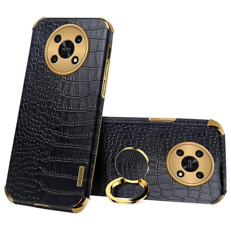 For Honor X30 5G Crocodile Texture Kickstand Cover PU Leather Coated TPU 6D Electroplating Phone Case - Black
