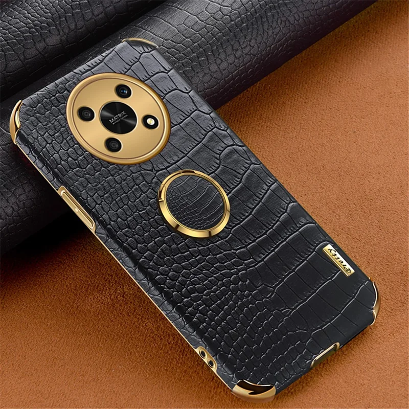 For Honor X30 5G Crocodile Texture Kickstand Cover PU Leather Coated TPU 6D Electroplating Phone Case - Black