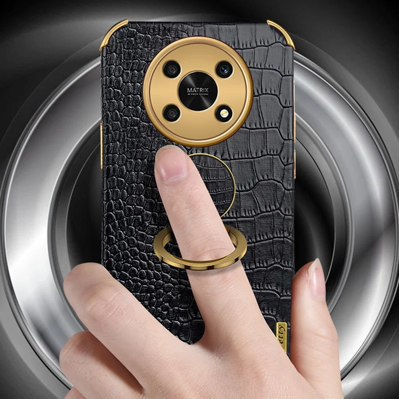 For Honor X30 5G Crocodile Texture Kickstand Cover PU Leather Coated TPU 6D Electroplating Phone Case - Black