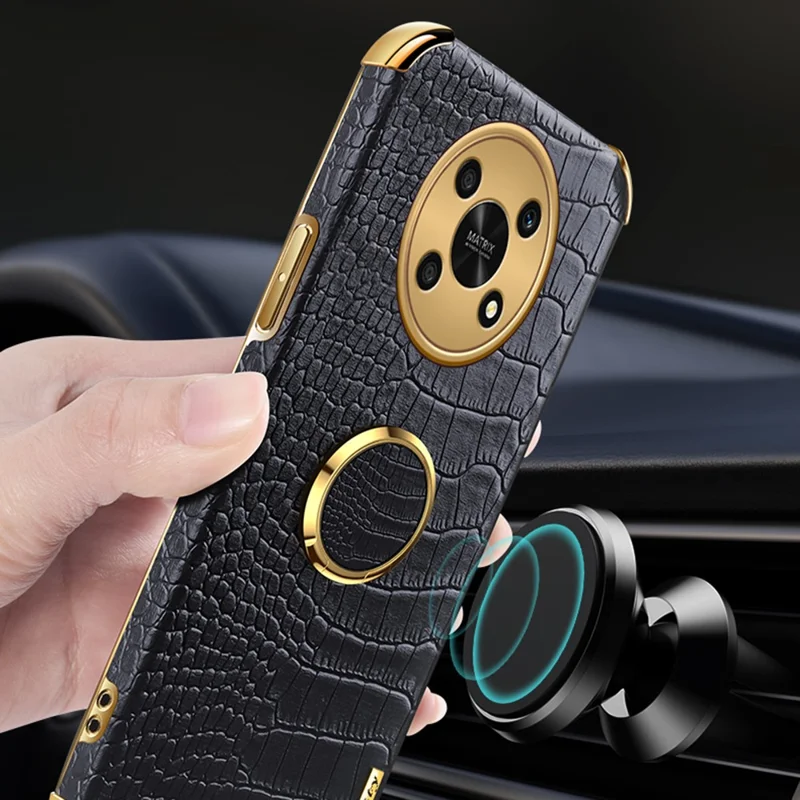 For Honor X30 5G Crocodile Texture Kickstand Cover PU Leather Coated TPU 6D Electroplating Phone Case - Black