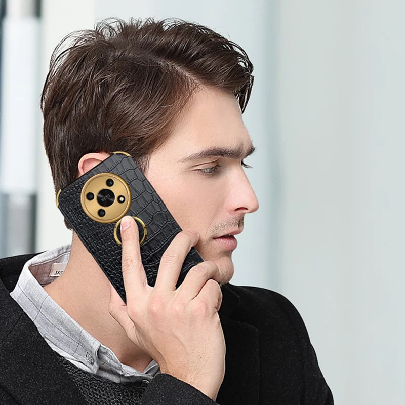 For Honor X30 5G Crocodile Texture Kickstand Cover PU Leather Coated TPU 6D Electroplating Phone Case - Black