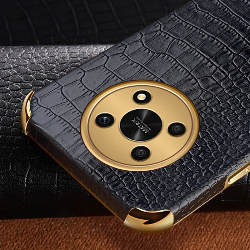 For Honor X30 5G Crocodile Texture Kickstand Cover PU Leather Coated TPU 6D Electroplating Phone Case - Black