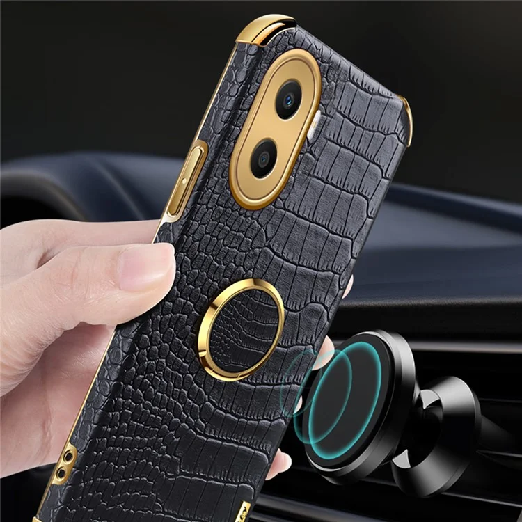 For Honor X40i 5G Anel Suporte de Kickstand Caso Revestido de TPU Eletrodepositado 6D Textura de Couro Crocodilo - Preto