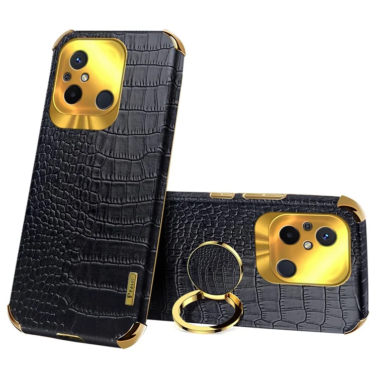 Pour Xiaomi Redmi 12C 4G Ring Kickstand Leather Coated TPU Anti-drop Case Crocodile Texture 6D Electroplated Phone Cover - Noir