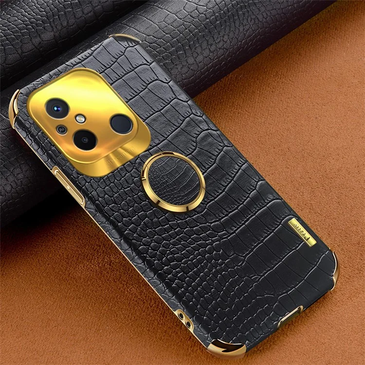 Pour Xiaomi Redmi 12C 4G Ring Kickstand Leather Coated TPU Anti-drop Case Crocodile Texture 6D Electroplated Phone Cover - Noir
