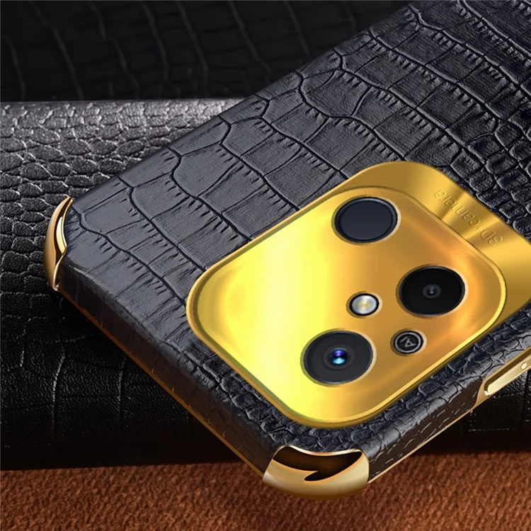 Pour Xiaomi Redmi 12C 4G Ring Kickstand Leather Coated TPU Anti-drop Case Crocodile Texture 6D Electroplated Phone Cover - Noir
