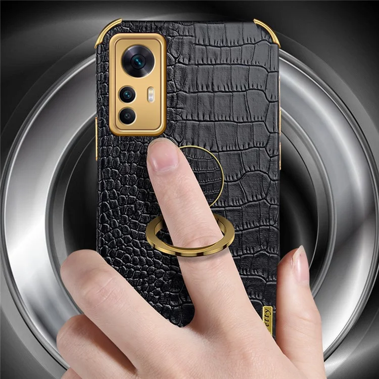Для Xiaomi Redmi K50 Ultra 5G / 12T 5G Крокодиловая текстура Кожаное покрытое ТПУ Чехол-кольцо с подставкой 6D Электрохромированный чехол для телефона - Черный