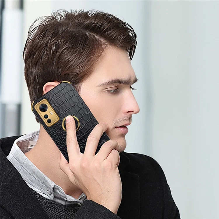Для Xiaomi Redmi K50 Ultra 5G / 12T 5G Крокодиловая текстура Кожаное покрытое ТПУ Чехол-кольцо с подставкой 6D Электрохромированный чехол для телефона - Черный