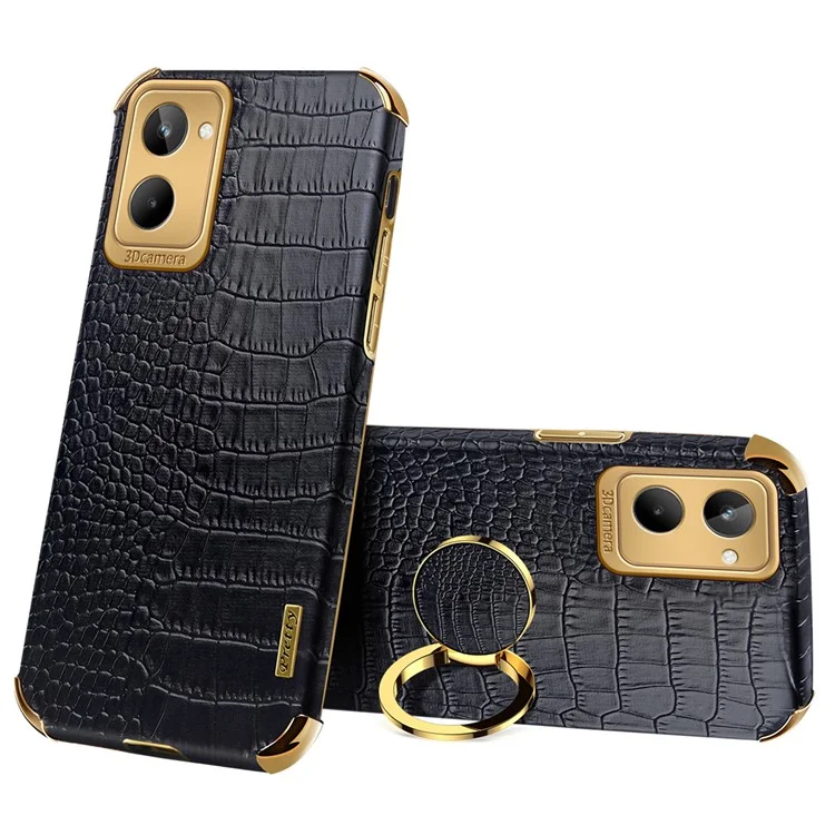 Pour Realme 10 4G Crocodile Texture Leather Coated TPU Case Electroplated Phone Cover with Ring Kickstand - Noir