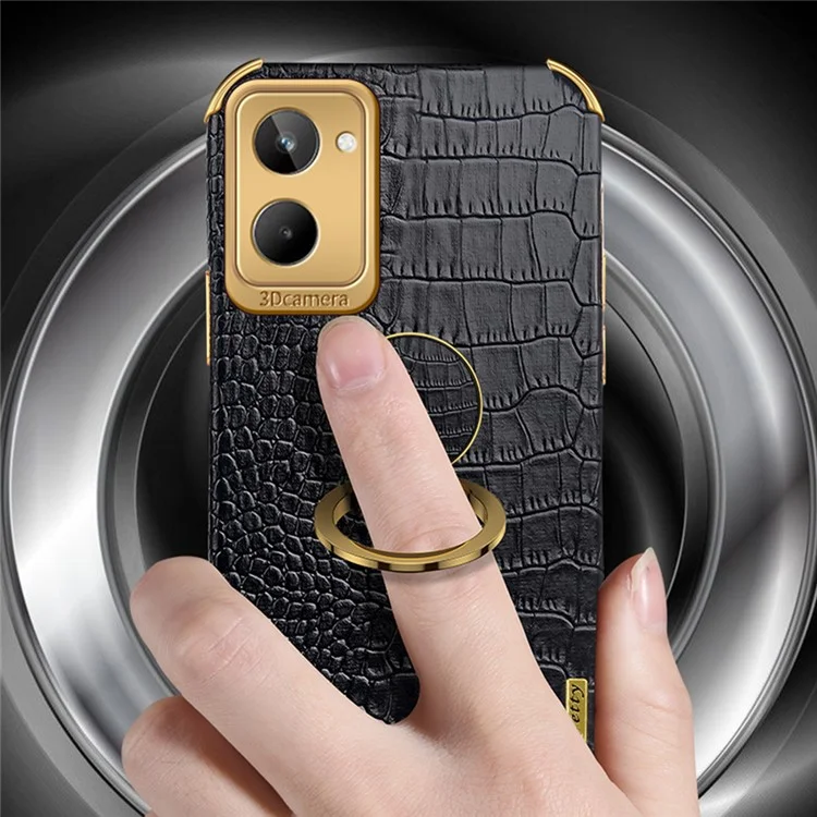 Pour Realme 10 4G Crocodile Texture Leather Coated TPU Case Electroplated Phone Cover with Ring Kickstand - Noir