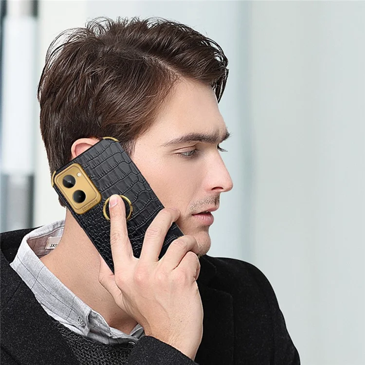 Pour Realme 10 4G Crocodile Texture Leather Coated TPU Case Electroplated Phone Cover with Ring Kickstand - Noir