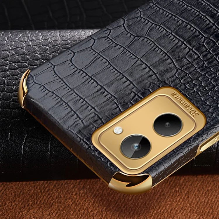 Pour Realme 10 4G Crocodile Texture Leather Coated TPU Case Electroplated Phone Cover with Ring Kickstand - Noir