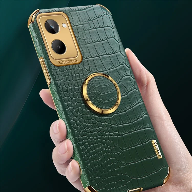 Pour Realme 10 4G Crocodile Texture Leather Coated TPU Case Electroplated Phone Cover with Ring Kickstand - Noir