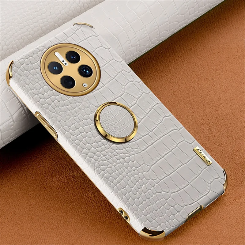 For Huawei Mate 50 Pro 4G Crocodile Texture Ring Kickstand Case 6D Electroplated Leather Coated TPU Phone Cover - White
