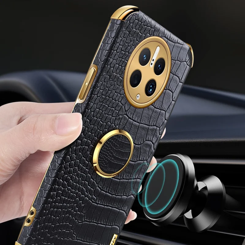 For Huawei Mate 50 Pro 4G Crocodile Texture Ring Kickstand Case 6D Electroplated Leather Coated TPU Phone Cover - White